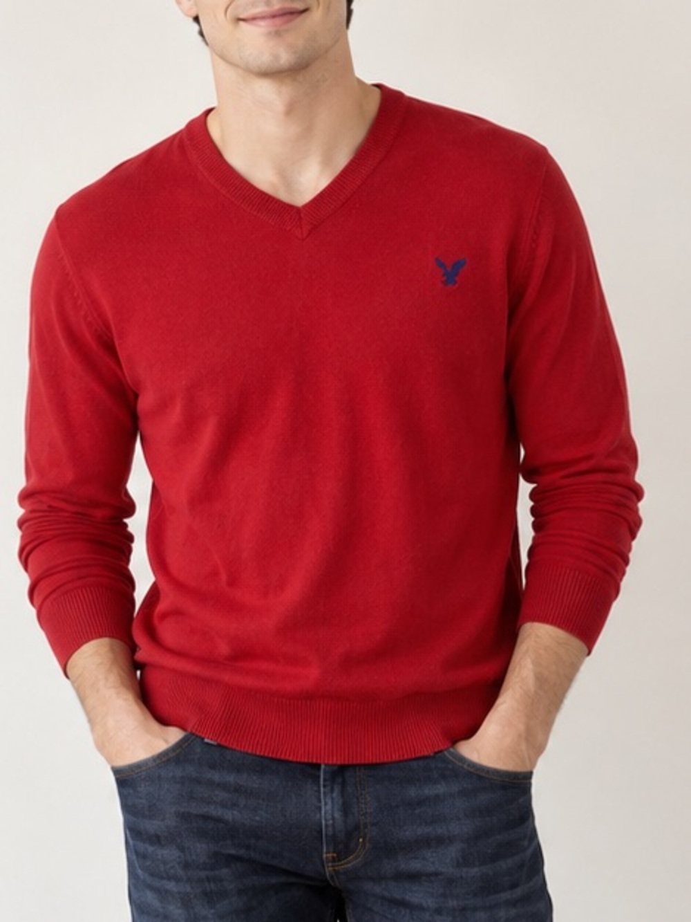 American Eagle Men's V-Neck Sweater in Bold Red/ Y2K Style‎